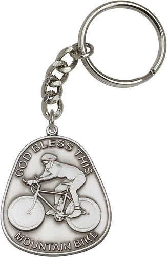 God Bless This Mountain Bike Keychain - Silver Oxide
