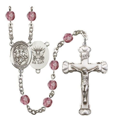St. George / Navy Custom Birthstone Rosary - Silver