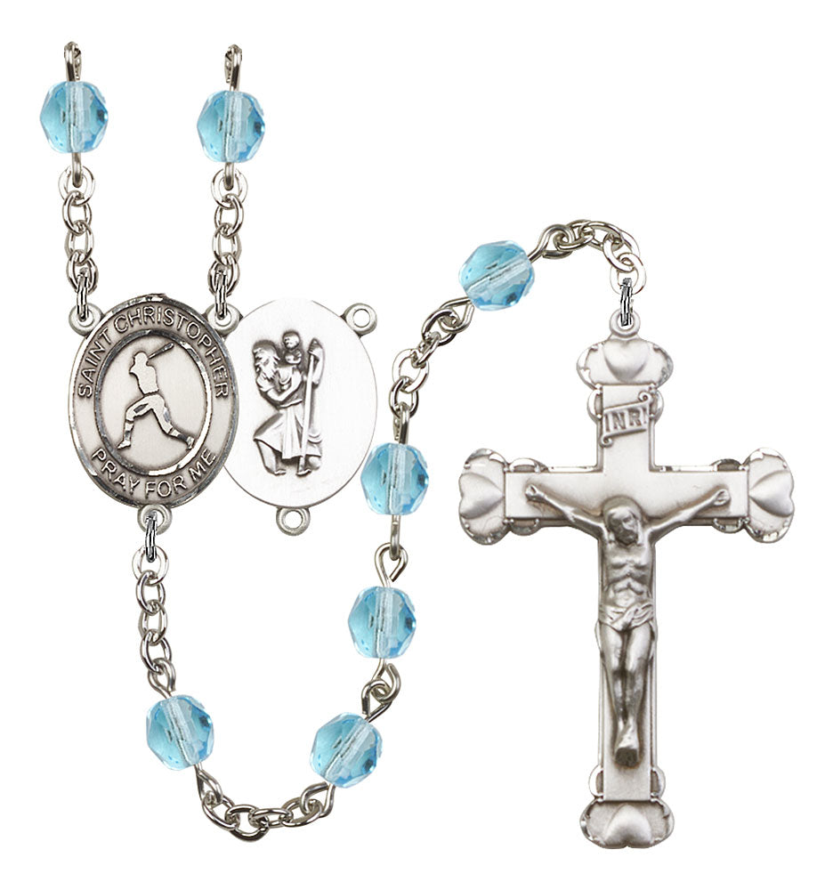 St. Christopher / Baseball Custom Birthstone Rosary - Silver