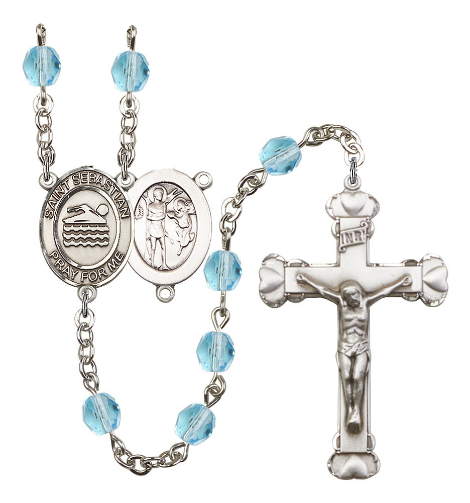 St. Sebastian / Swimming Custom Birthstone Rosary - Silver