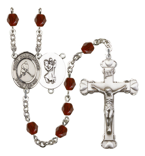 St. Christopher / Ice Hockey Custom Birthstone Rosary - Silver