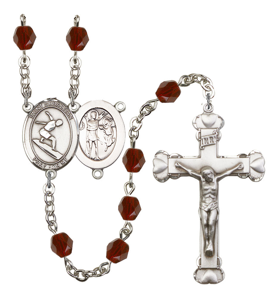 St. Sebastian / Surfing Custom Birthstone Rosary - Silver
