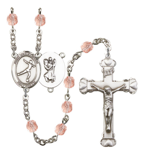 St. Christopher / Figuee Skating Custom Birthstone Rosary - Silver