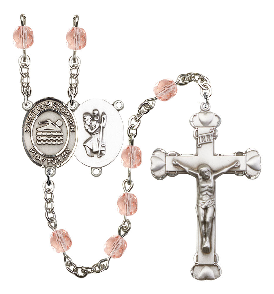 St. Christopher / Swimming Custom Birthstone Rosary - Silver