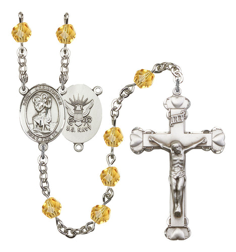 St. Christopher / Navy Custom Birthstone Rosary - Silver