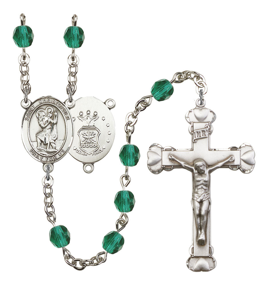 St. Christopher / Air Force Custom Birthstone Rosary - Silver