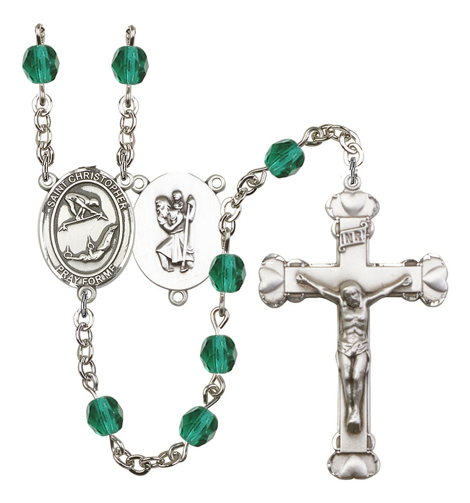 St. Christopher / Gymnastics Custom Birthstone Rosary - Silver