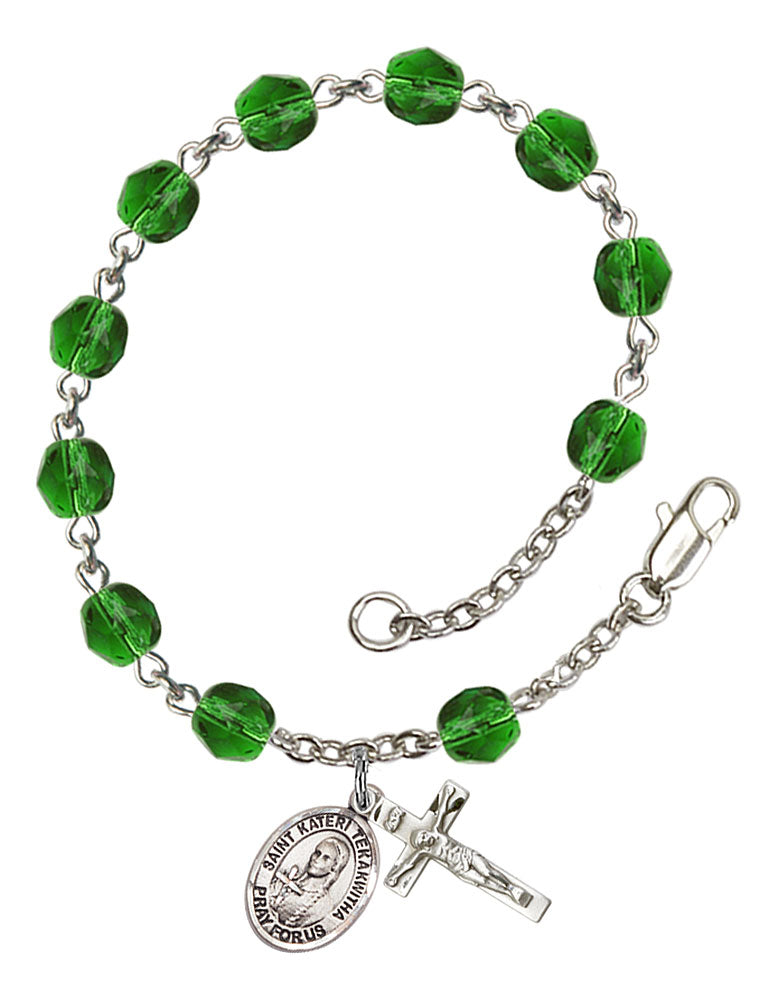 St. Kateri Tekakwitha Custom Birthstone Rosary Bracelet - Silver